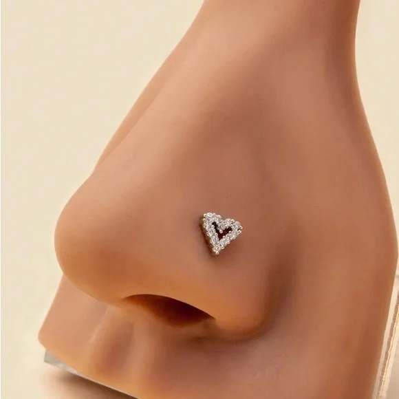 Nose Ring- Hollow Out Heart Shape Nose Stud Ring, Nose Piercing Silver tone - Picture 2 of 12